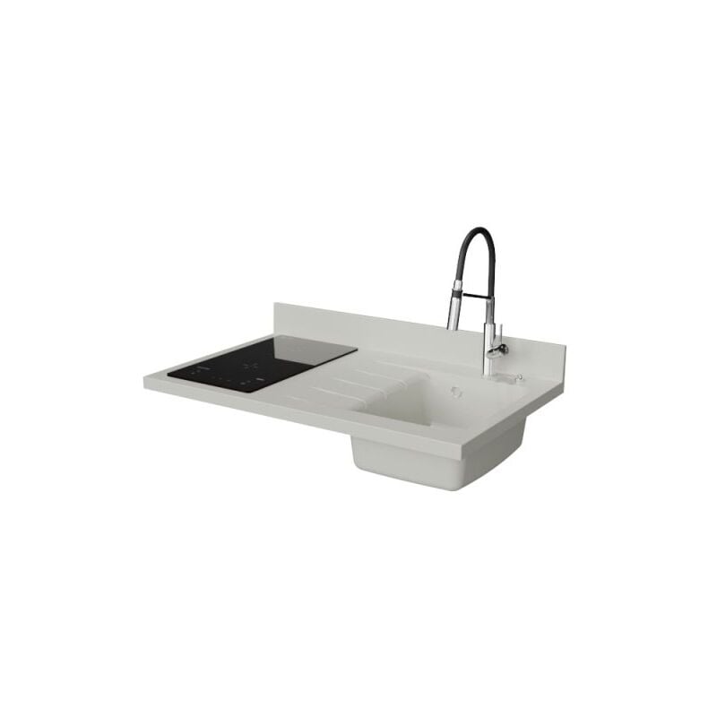 Plan de travail monobloc PlaniQuartz avec évier - 100 cm - Snova - évier à droite - Plaque de cuisson Induction