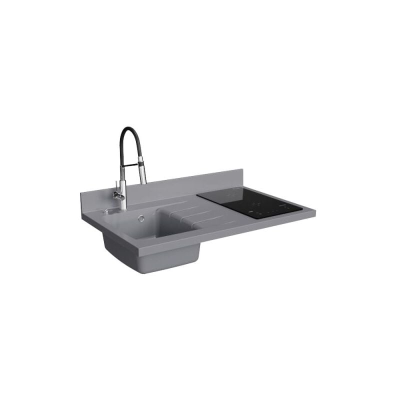 Plan de travail monobloc PlaniQuartz avec évier - 100 cm - Cromo - évier à gauche - Plaque de cuisson Induction