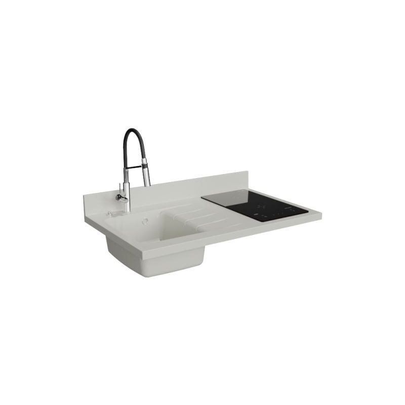 Plan de travail monobloc PlaniQuartz avec évier - 100 cm - Snova - évier à gauche - Plaque de cuisson Induction