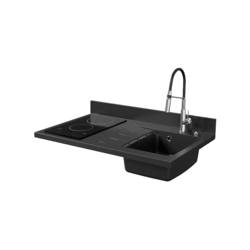 Plan de travail monobloc PlaniQuartz avec évier - 100 cm - Nero - évier à droite - Plaque de cuisson Vitrocéramique