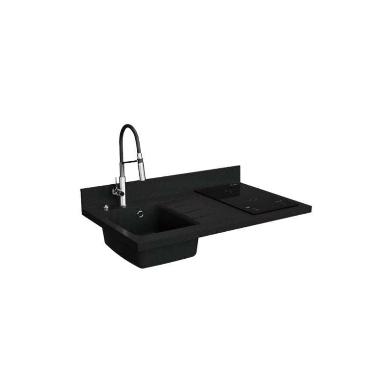 Plan de travail monobloc PlaniQuartz avec évier - 100 cm - Nero - évier à gauche - Plaque de cuisson Induction