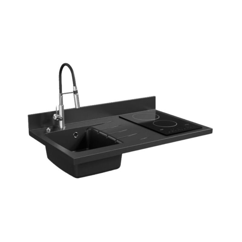 Plan de travail monobloc PlaniQuartz avec évier - 100 cm - Nero - évier à gauche - Plaque de cuisson Vitrocéramique