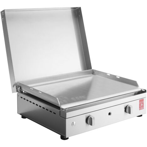 Plancha à gaz 2 brûleurs – Surface de cuisson 53x40 cm – Inox 304 alimentaire – Couvercle à charnières – Puissance 5600W – Plancha Planet