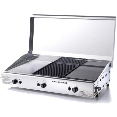 Plancha à gaz 3 brûleurs 6,9 kW – 3 plaques inox et fonte – Allumage piézoélectrique – Couvercle en acier inoxydable – Fabriqué en Italie – Ompagrill