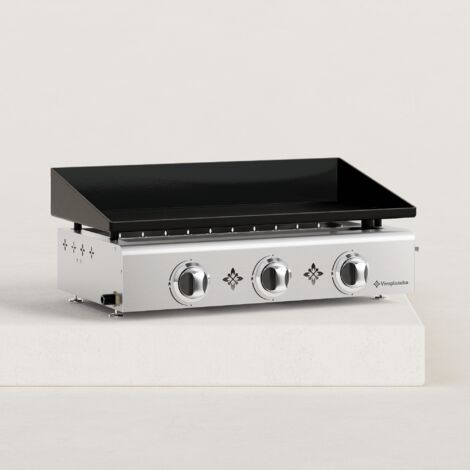 Plancha à gaz 3 brûleurs inox – Plaque émaillée 68 x 35 cm – Puissance 7,5 kW jusqu'à 350°C – Piezo mécanique intégré