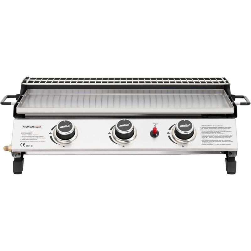 Plancha a Gaz- 3 Brûleurs Puissance 7.5kW en Acier Inoxydable, Surface Cuisson 61,5 x 32cm en Acier Inoxydable avec Grille de Réchauffage - Royal