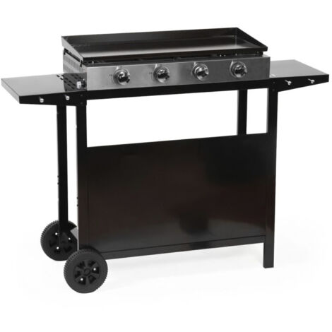 Plancha à gaz 4 brûleurs sur chariot – Acier émaillé – Surface de cuisson 75 x 35 cm – Bac récupérateur de graisse – Noir – Garden Max