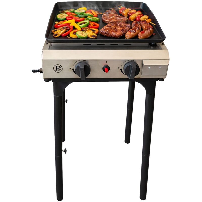 INTEC Plancha &agrave; gaz 4800W modulable 3 Hauteurs 2 Bruleurs Allumage Piezo - Plaque de cuisson C&eacute;ramique 42x36cm 
