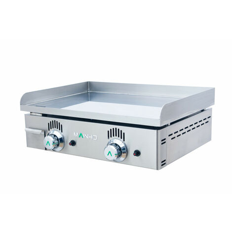 Plancha à gaz 60 cm – 2 brûleurs – Allumage piezzo électronique – Tiroir inox pour récupération des jus – Compatible Butane/Propane – Mainho