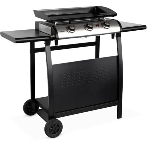 Plancha au gaz 3 brûleurs sur chariot - Porthos - 7.55kW. plancha à gaz avec desserte . cuisine extérieure. plaque émaillée. inox. barbecue