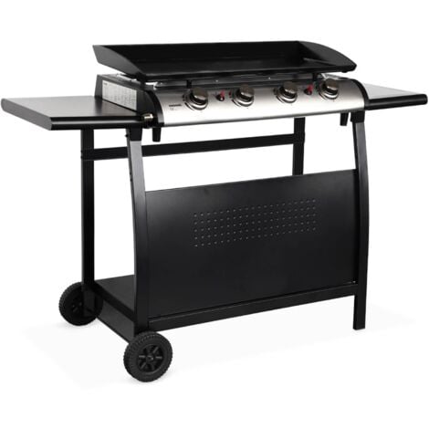 Plancha au gaz 4 brûleurs sur chariot - Porthos - 10kW. plancha à gaz avec desserte . cuisine extérieure. plaque émaillée. inox. barbecue
