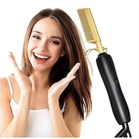 Plancha de pelo, peine de cerámica de alta temperatura de 450 °F, uso en seco o mojado, plancha eléctrica, peine de hierro, cepillo de pelo nuevo dorado ecológico.