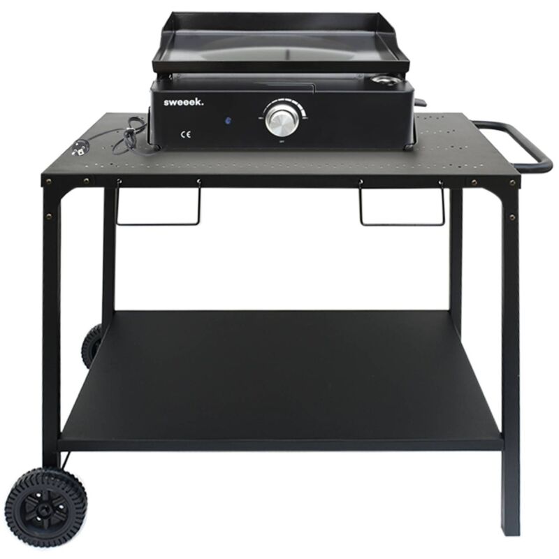 Plancha électrique noire nikola 1 brûleur avec desserte. acier émaillé. 2200 w