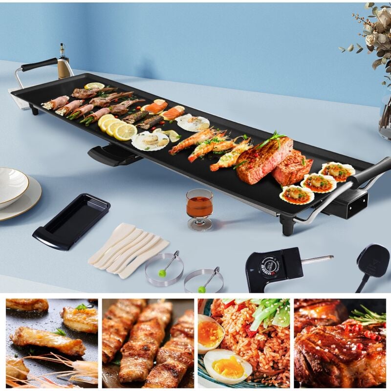 Plancha Electrique Antiadhésive-1800W-230V 50HZ-Thermostat Adjustable 5 Niveaux -6 Spatules et Tiroir Collecteur d'Huile design in