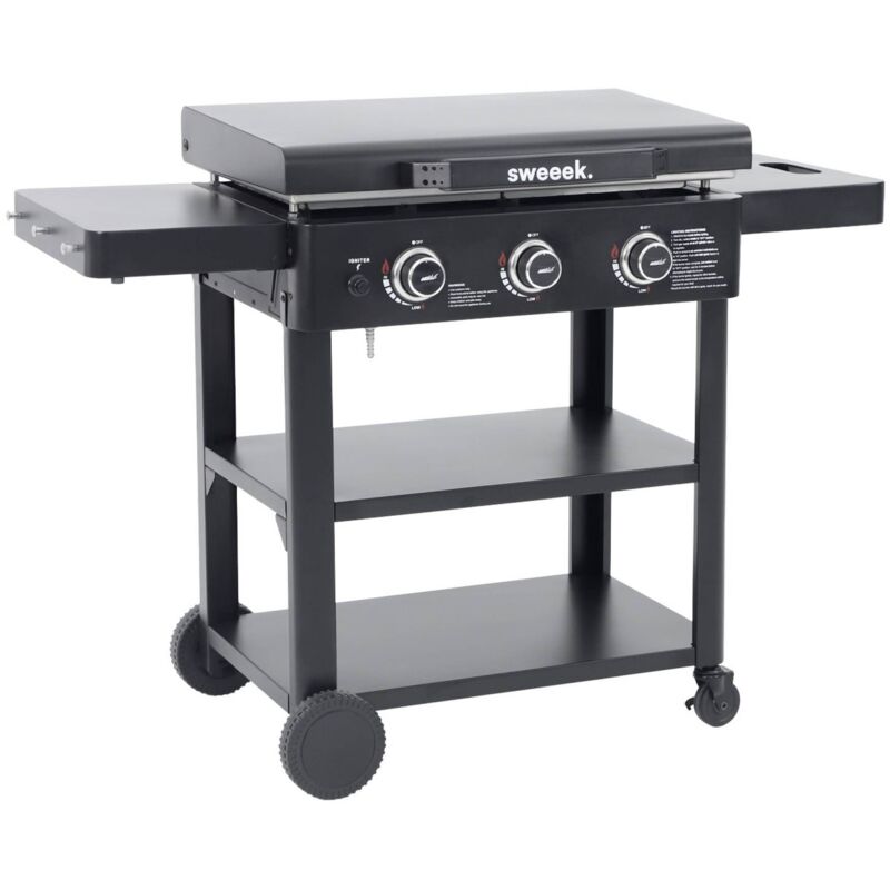 SWEEEK Plancha gaz 3 br&ucirc;leurs acier inoxydable 12kW avec chariot noir - Raoul
