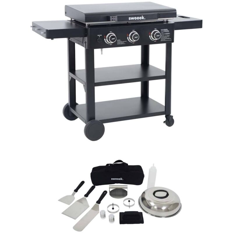 SWEEEK Plancha gaz 3 br&ucirc;leurs acier inoxydable 12kw et ustensiles