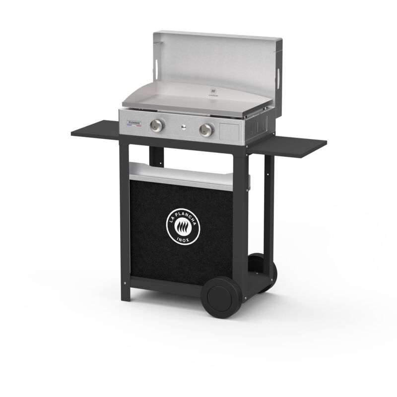 LE MARQUIER - La Plancha Inox Duo Edition : Plancha 260 Gaz + Chariot Noir + Couvercle Inox+ Porte Épices Et Rideau