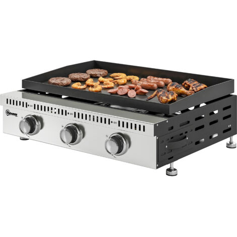 Plancha gaz 9 kW 3 brûleurs inoxydable, surface cuisson 56,5x33 cm, bac récup graisse, noir