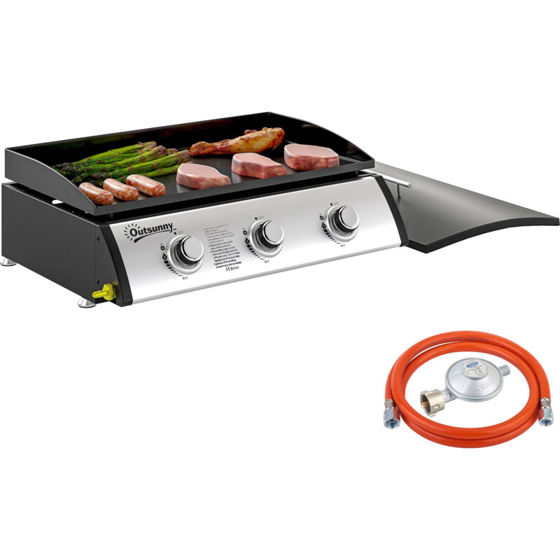 Plancha gaz avec couvercle - 3 brûleurs total 7,5 kW - surface cuisson 61 x 35,5 cm - détendeur tuyau inclus