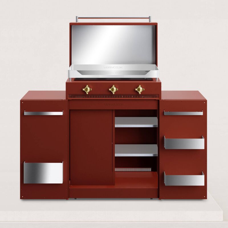 Verycook - Plancha gaz chrome dur 3 feux Excellence + Couvercle + Cuisine d'extérieur 8 à 12 pers. 3 brûleurs (en forme de h)