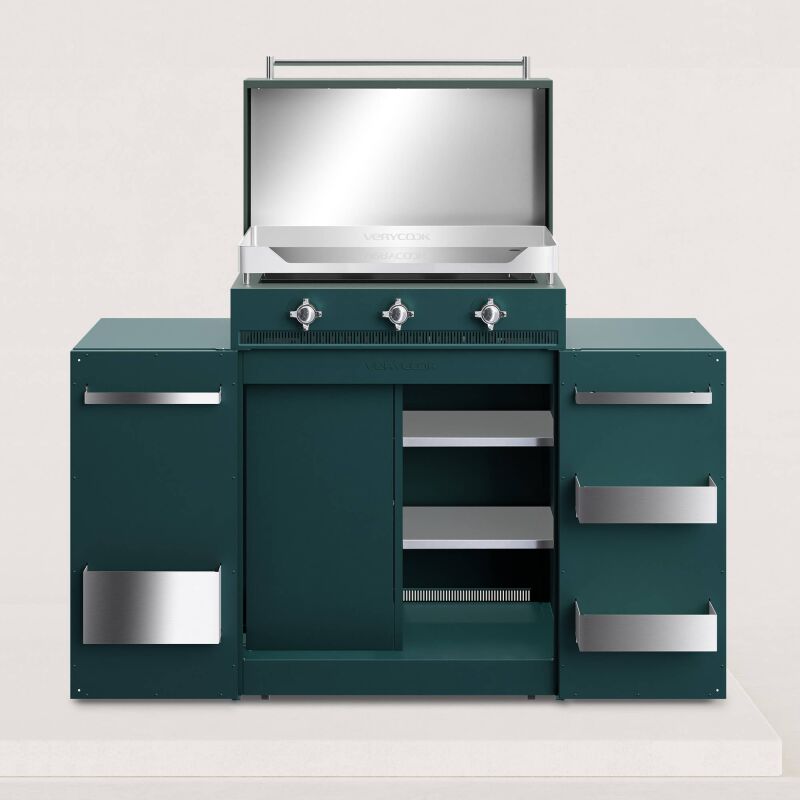 Plancha gaz chrome dur 3 feux Excellence + Couvercle + Cuisine d’extérieur 8 à 12 pers. 3 brûleurs (en forme de H) Verycook