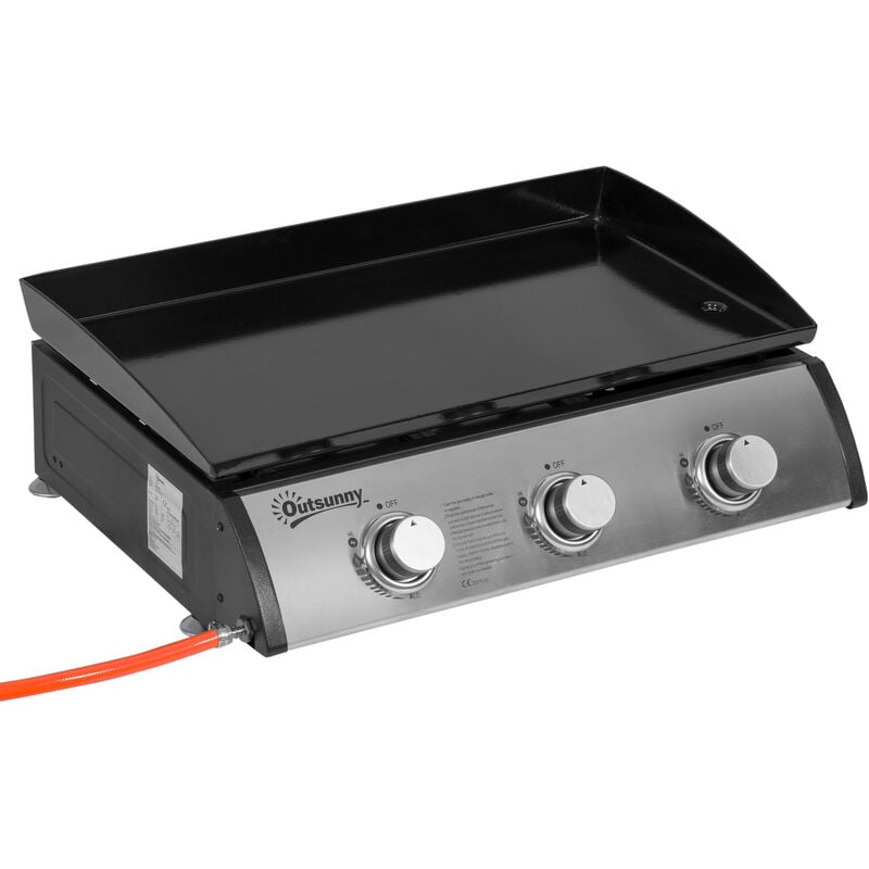 Plancha gaz de table portable réglable - 3 brûleurs 9 kW - barbecue gaz camping - plaque de cuisson, réceptacle graisse - acier noir métal