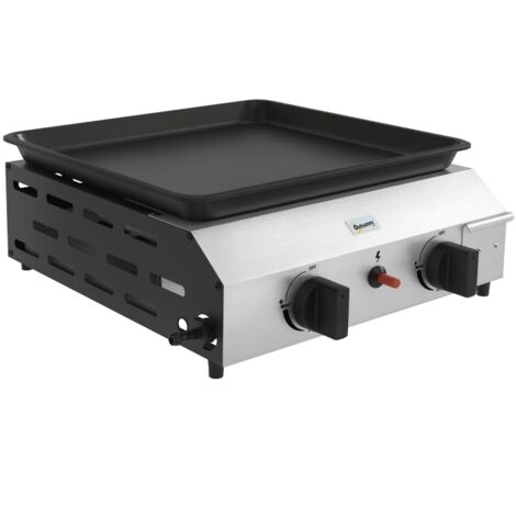Plancha gaz en acier inox émaillé 2 brûleurs 4,8 kW antiadhésive grande surface de cuisson 40L x 34l cm, transportable