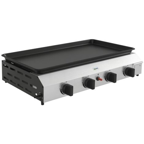 Plancha gaz en acier inox émaillé 4 brûleurs 9,6 kW antiadhésive grande surface de cuisson 73L x 34l cm, transportable