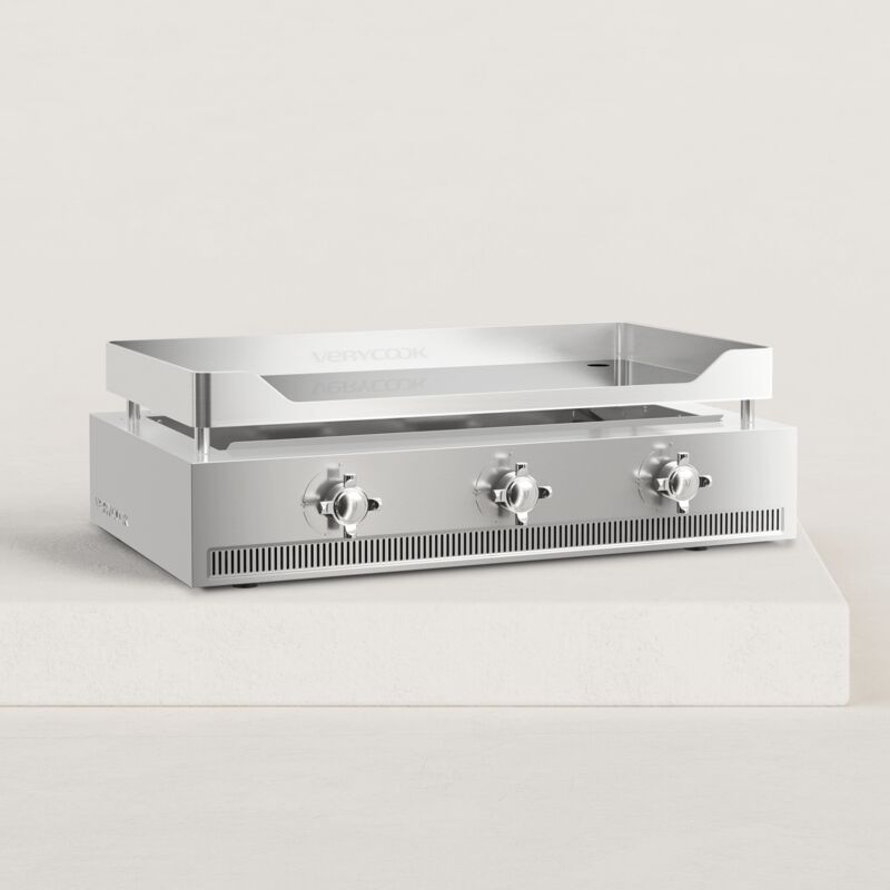 Verycook - Plancha gaz Excellence 3 feux chrome dur 8 à 12 pers. Piezo mécanique triple (intégré aux boutons) 3 brûleurs (en forme de h)