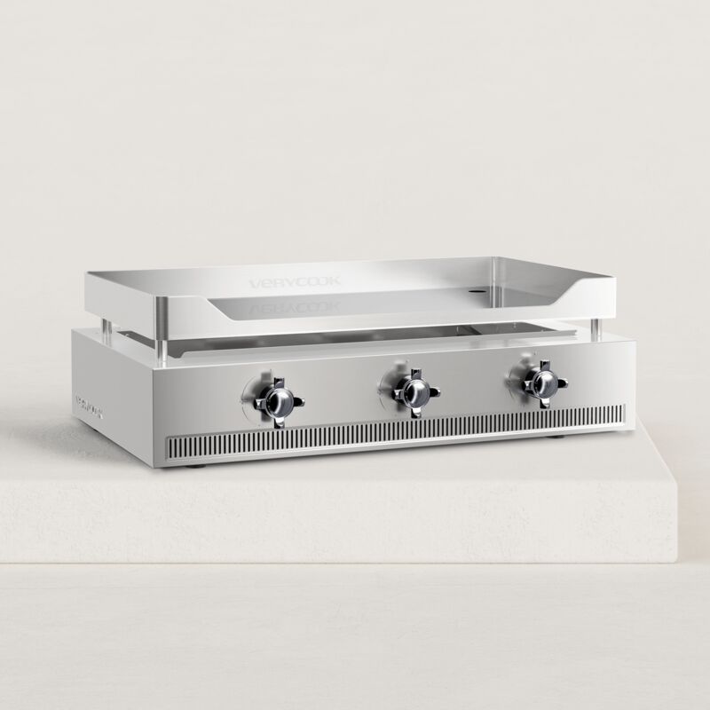 Verycook - Plancha gaz Excellence 3 feux chrome dur 8 à 12 pers. Piezo mécanique triple (intégré aux boutons) 3 brûleurs (en forme de h)
