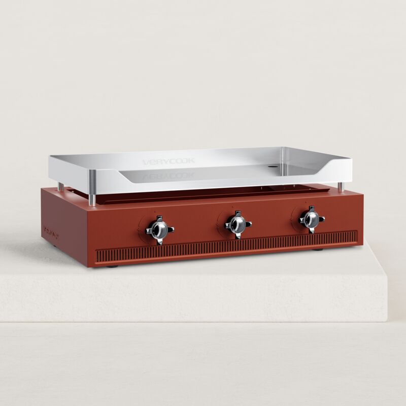 Verycook - Plancha gaz Excellence 3 feux chrome dur 8 à 12 pers. Piezo mécanique triple (intégré aux boutons) 3 brûleurs (en forme de h)