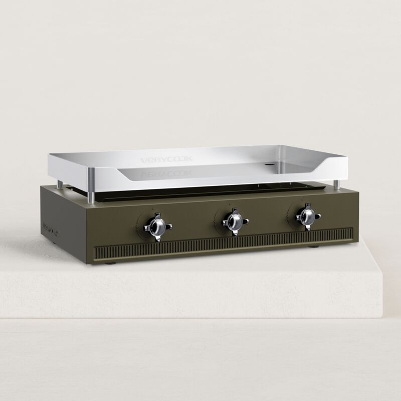 Verycook - Plancha gaz Excellence 3 feux chrome dur 8 à 12 pers. Piezo mécanique triple (intégré aux boutons) 3 brûleurs (en forme de h)