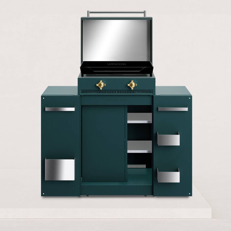 Verycook - Plancha gaz fonte émaillée 2 feux Excellence + Couvercle + Cuisine d'extérieur 6 à 8 pers. Piezo mécanique triple (intégré aux boutons) 2