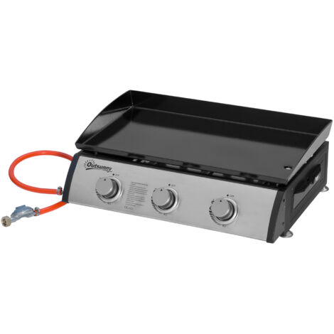 Plancha gaz inox 3 brûleurs 9 kW revêtement antiadhésif grande grille 61 x 35,5 cm
