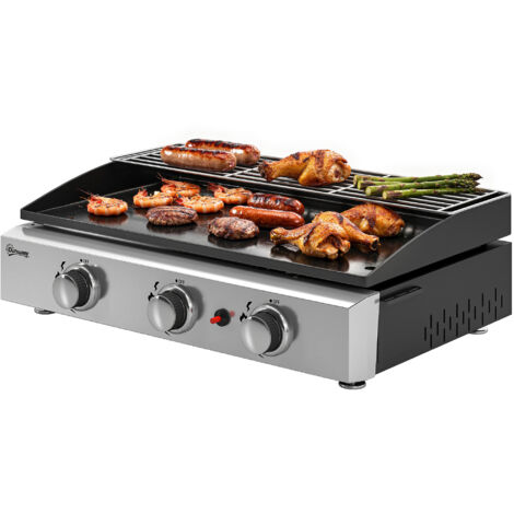 Plancha gaz inox 3 brûleurs, barbecue avec plaque émaillée et grille réchauffage, 7,5 kW, 62x44x21 cm, noir
