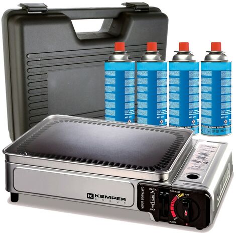 Plancha gaz portable 2300W Kemper plaque anti adhésive + 4 cartouches gaz camping + Valise de transport