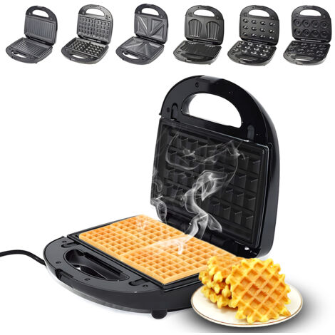 Plancha para sándwiches y gofres 6 en 1 con placas antiadherentes extraíbles, 750 W, color negro, acero inoxidable, 22,5 x 22 x 10,5 cm, doble calentamiento