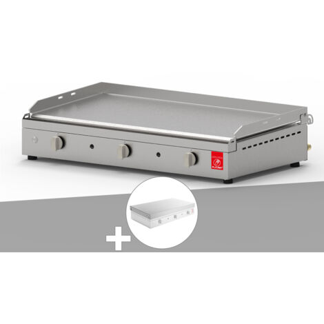Plancha PLANET à gaz - CHEF 80 Lisse + Couvercle à Charnières - 3 brûleurs - Inox 304 Alimentaire