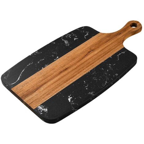 Planche à découper de cuisine en bois et marbre noir, idéale pour la découpe de viandes, légumes et fruits.