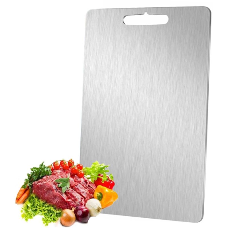 Planche a Decouper en Titane, Planche à DéCouper Inox Double Face, Planche a Decouper Titane pour Viande Fruits et LéGumes, Poignée Facile à Saisir,