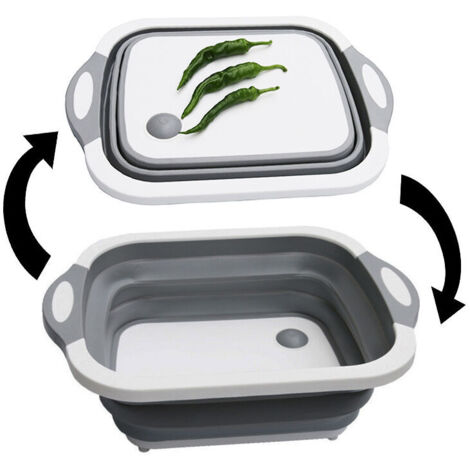 Planche à Découper Pliable 3 in 1 Multifonction Panier à Découper Panier de Rangement Panier de Drainage avec Bouchon de Drainage et Serviette pour Les Cuisines & Voyages(Gris)，