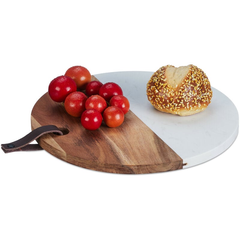 Planche à découper ronde, marbre & bois, accessoire de cuisine, HxD: 1,5x25 cm, à accrocher, nature - blanc - Relaxdays