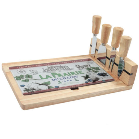 Planche à fromage carte de France en verre et bois naturel – 4 couteaux en acier inoxydable – Dimensions 31,5 x 20 x 2 cm – La Chaise Longue