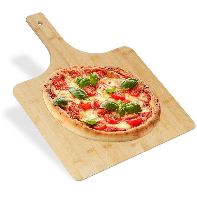 Planche à pizza, bambou, 50x38 cm, carrée, spatule, bords arrondis, avec poignée, planche, nature - Relaxdays