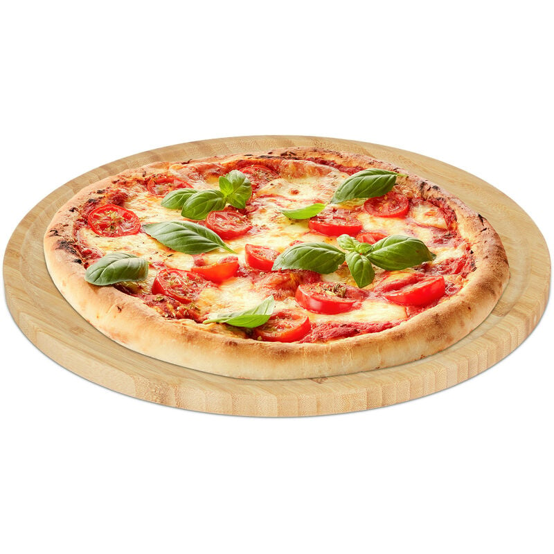 Planche à pizza, bambou naturel, diamètre de 32 cm, plateau de service pour fromages, support rond, nature - Relaxdays