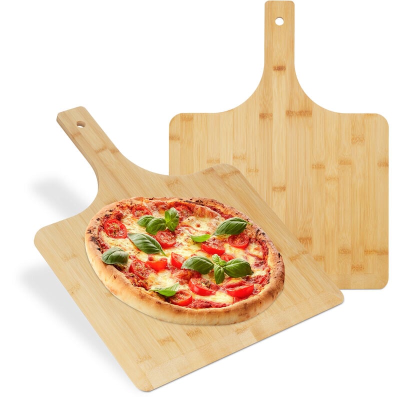 Planche à pizza xxl, lot de 2, 50x38 cm, carrée, spatule, bords plats, poignée, support, nature - Relaxdays