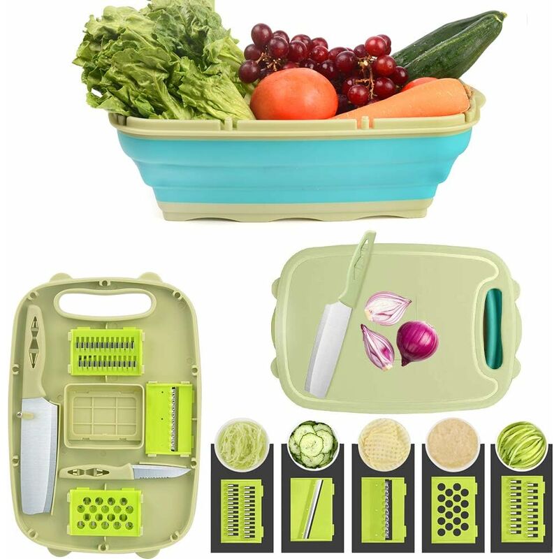 Planche à Découper Multifonction 9 en 1 Panier de Drainage Pliable avec 5 Pièces Coupe-légumes et 2 Couteaux Planche à Découper de Cuisine en