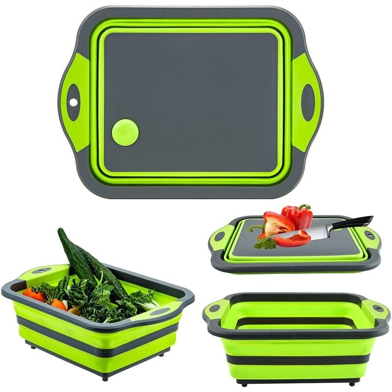Planche à découper pliable verte avec passoire, planche à découper multifonction en silicone, panier de rangement, égoutter et laver les légumes,