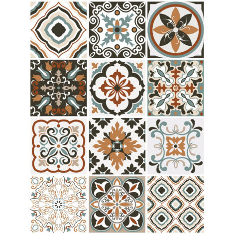 Planche de 12 Stickers Carreaux de Ciment Brown Flower – Autocollants Muraux Décoratifs Tons Naturels – 15 x 15 cm
