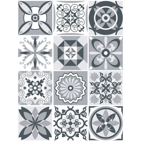 Planche de 12 Stickers Carreaux de Ciment Justgrey – Autocollants Muraux Décoratifs Gris et Blanc – 15 x 15 cm